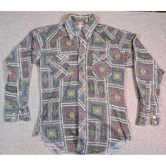 Vintage 1970s Wrangler Permanent Press Western Snap Shirt 15.5x33 USA Paisley - Picture 1 of 9